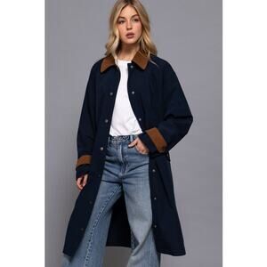 Size Large Navy Contrast Collar Button Down Long Trench Coat